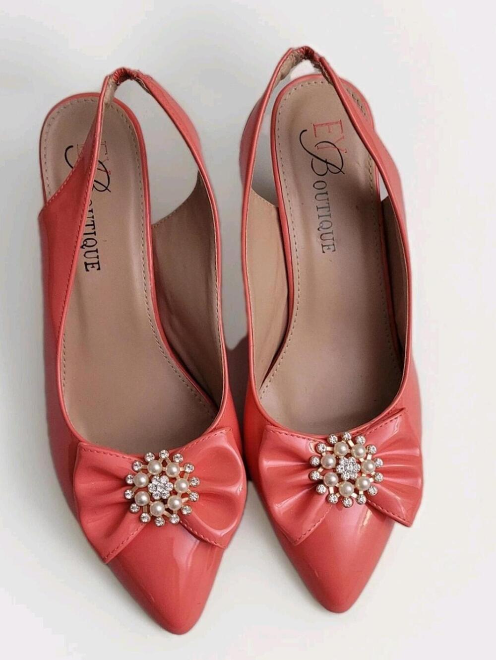 EY Boutique Peach Bows Womens Shoes Sz 10 Medium Heels Rhinestones Patent Leathr